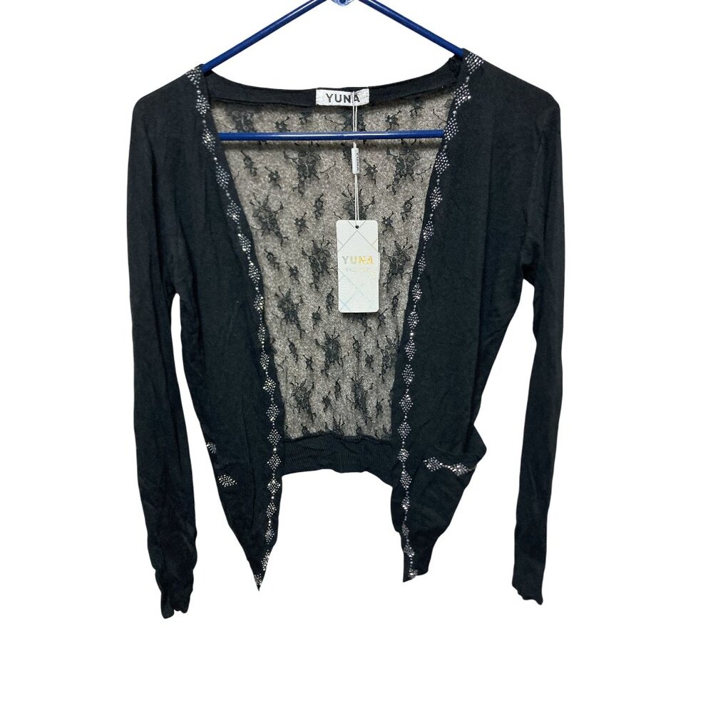Yuna Womens Black Lace-Back Open Cardigan With Rhinestone Trim Lightweight Knit